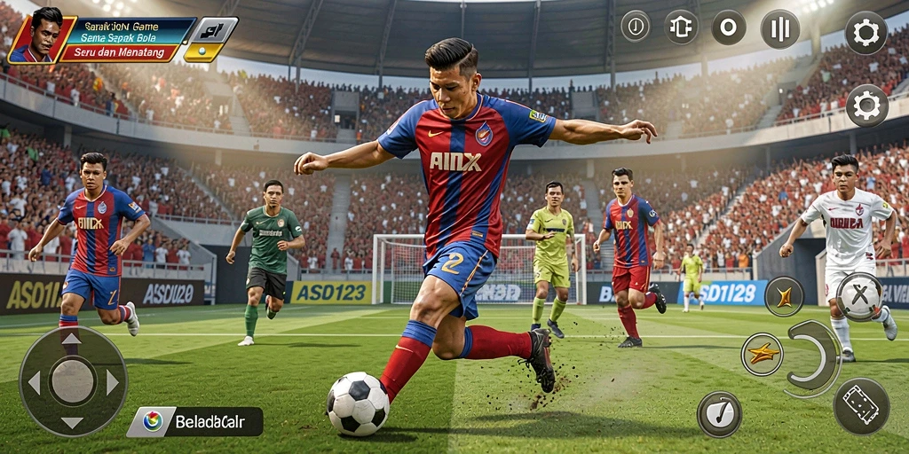 Tampilan gameplay intens dengan aksi sepak bola nyata.