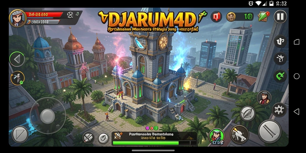 Screenshot gameplay menampilkan pertarungan menara yang epik.