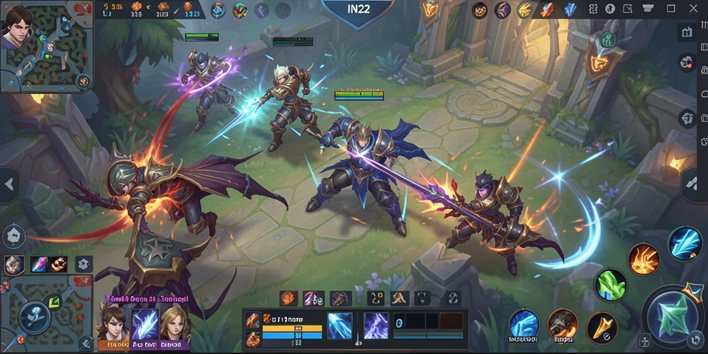 Tampilan gameplay IN22 menampilkan pertarungan strategis antar tim.